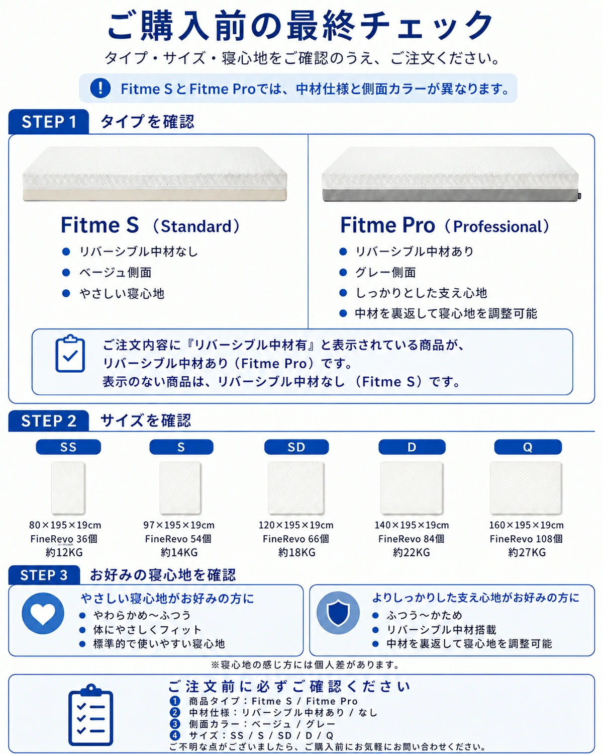 ASLEEP Fitme ｜硬さを選べる静音・体圧分散ファインレボマットレス 19cm