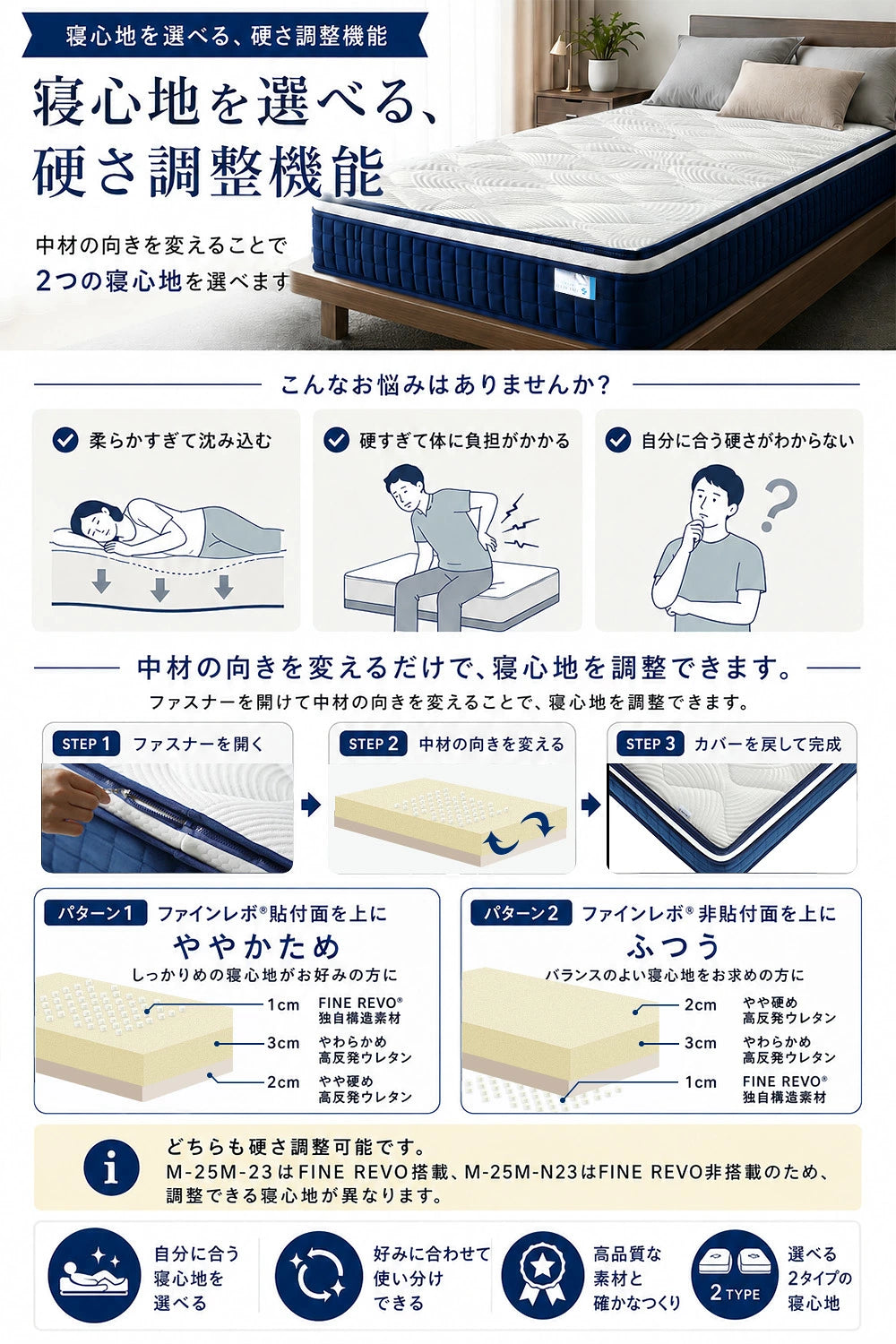 寝心地を選べる硬さ調整機能