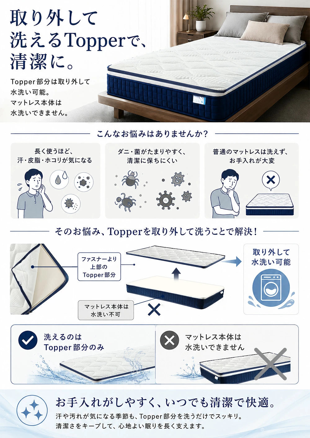 取り外して洗えるTopperで、清潔に。