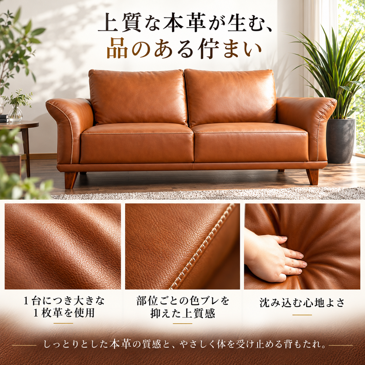 ASLEEP S-1060 ブラウンの本革ソファ。上質な本革の風合いとクッションの質感を紹介