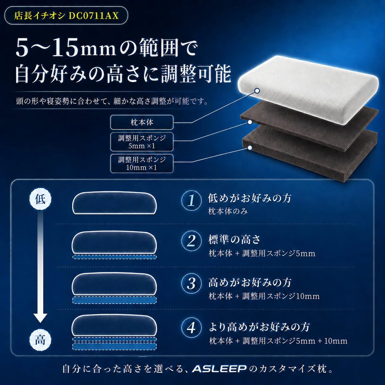 5～15mmの範囲で自分好みの高さに調整可能